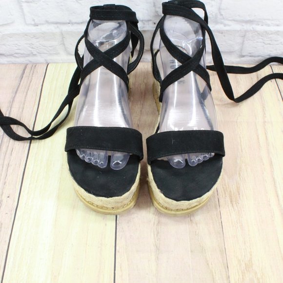 Shuze Black Faux Suede Close Wrap Cork Platform Sandals Size 8 - Picture 5 of 9